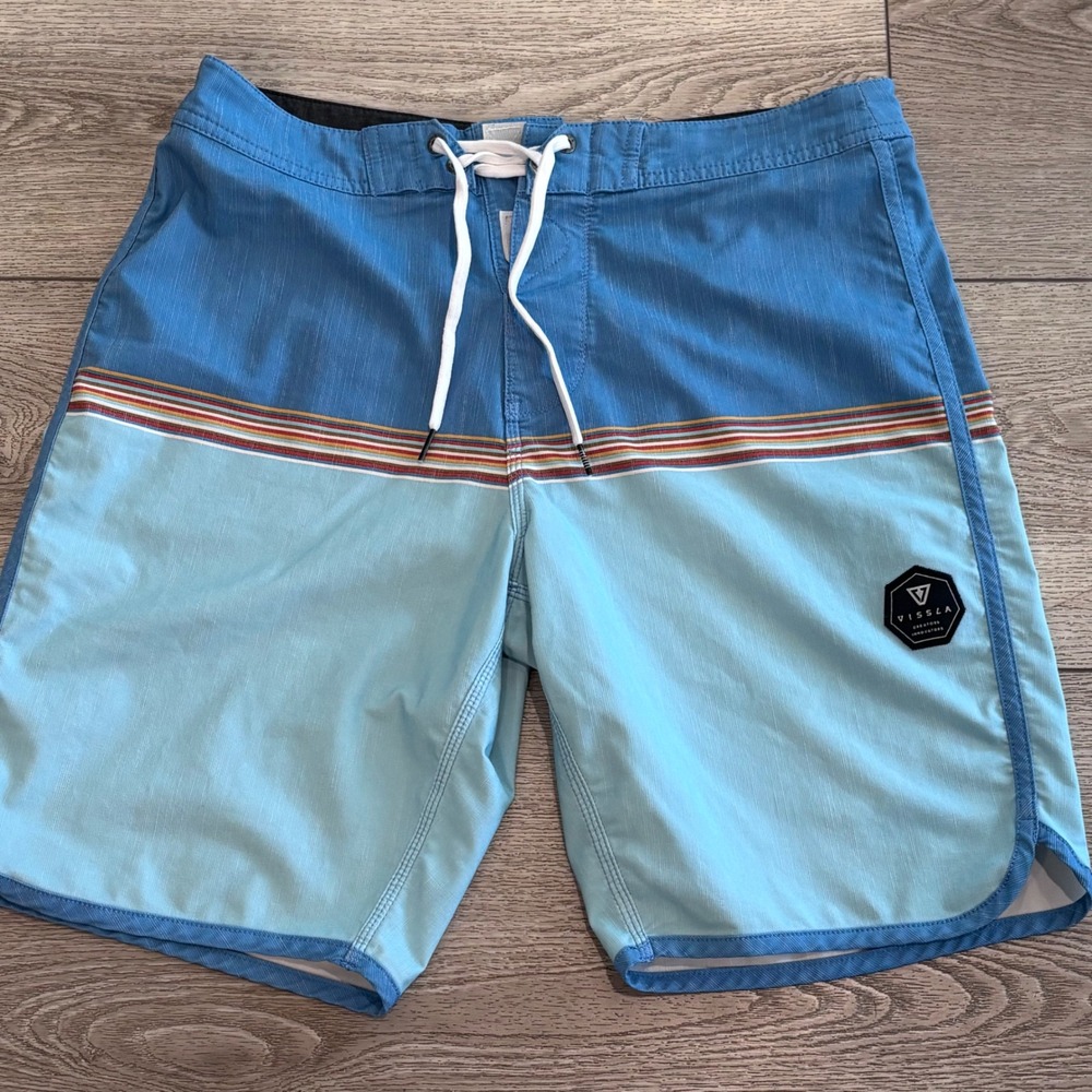 Vissla Board Shorts Mens 31‎ Blue Striped Upcycle Summer Swim Trunks Beach